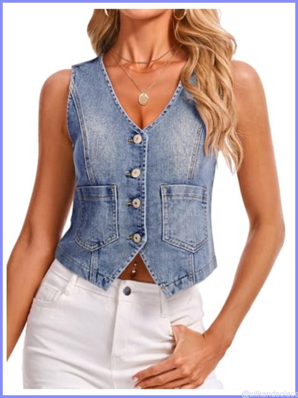 Women's Denim Vest Sleeveless V-Neck Button Down Cropped Stretchy Jean Vest
